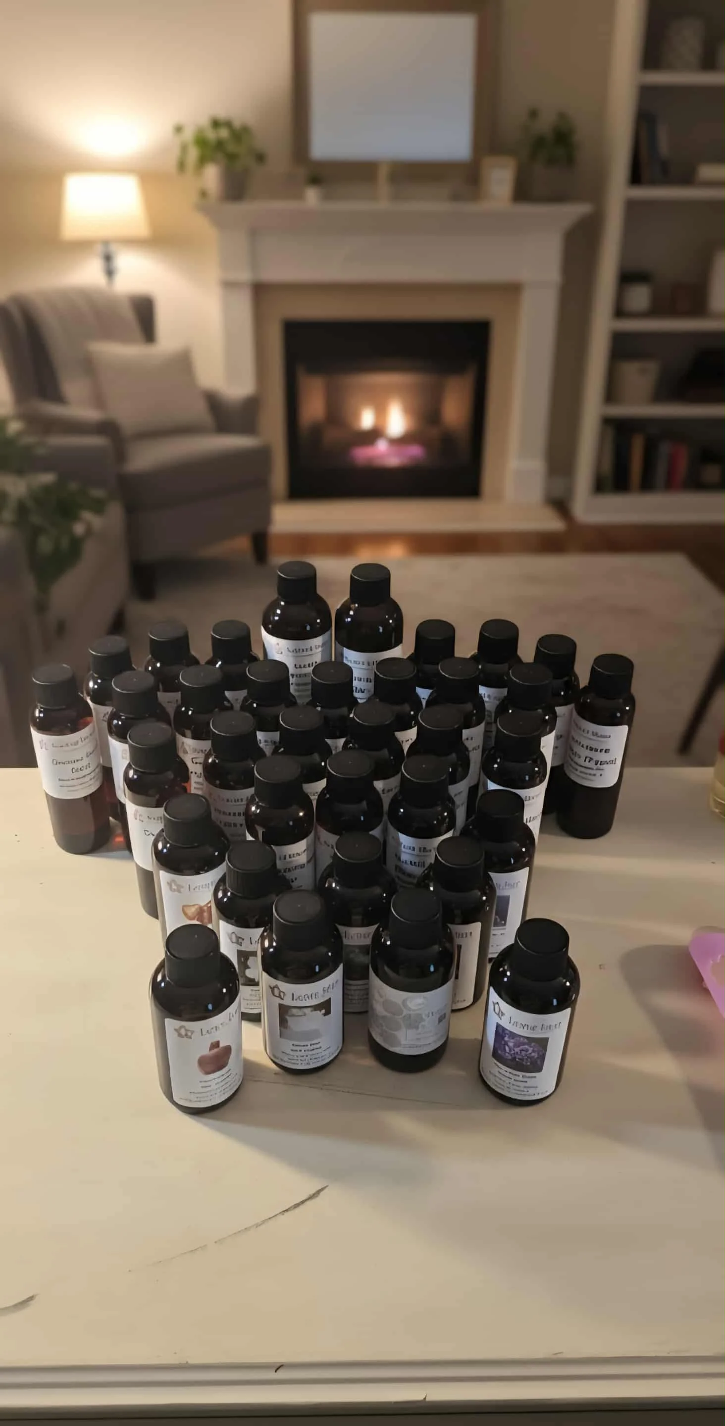 A collection of small brown bottles containing fragrance oils, sitting by a fireplace.