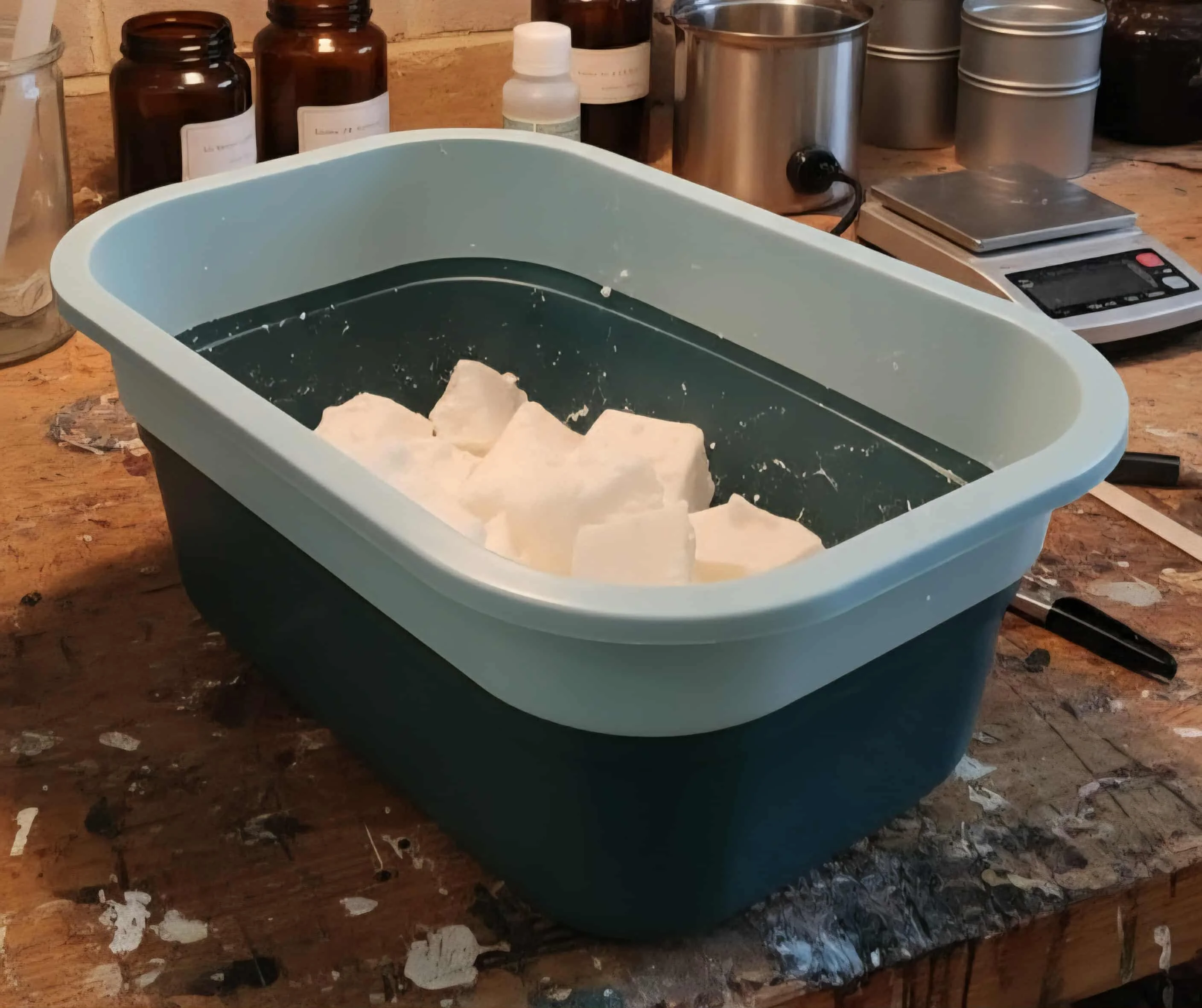 Close-up of un-melted coconut apricot wax blocks in a container.