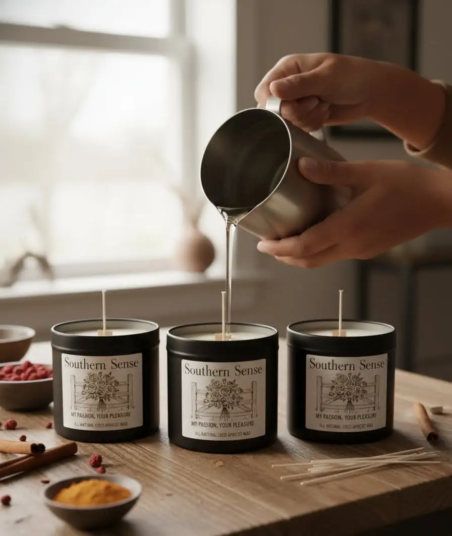 A pair of hands carefully pouring melted wax from a metal pitcher into three black candle tins.